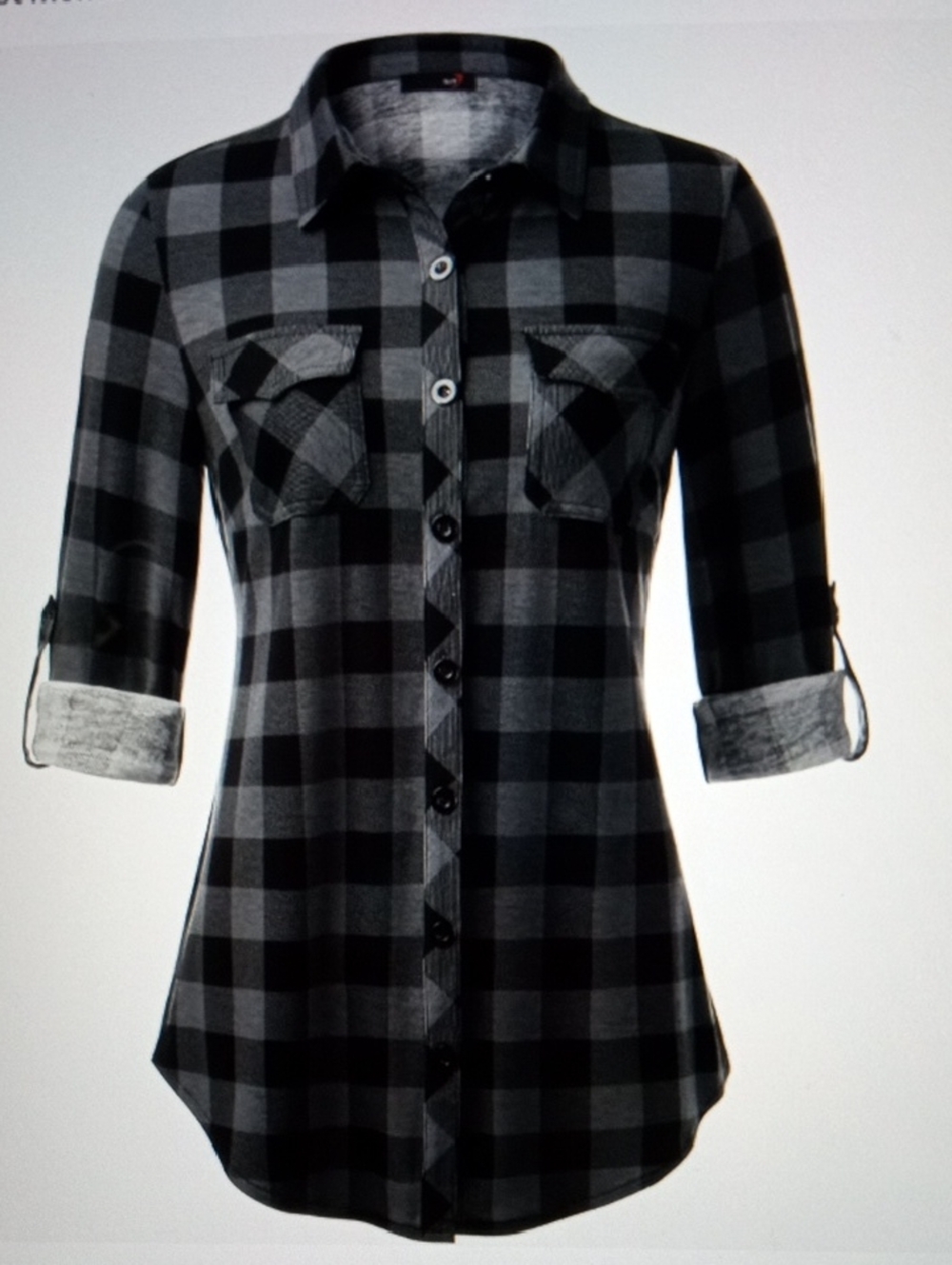 DJT Black & Gray Soft Stretchy Knit Plaid Button-Down adjustable Sleeve Top. L